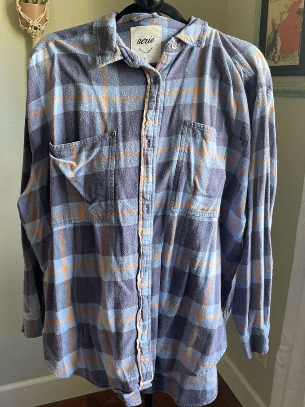 aerie Blue and Cream Plaid Button-Down Shirt with Soft Orange Accents